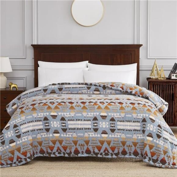 Boho Sherpa Throw Blanket Aztec Blue Grey Ultra Soft Warm Cozy Plush Fleece NEW